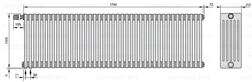 Схема (чертеж) Радиатор Zehnder Charleston 6100/39 №V001 Белый глянцевый RAL 9016